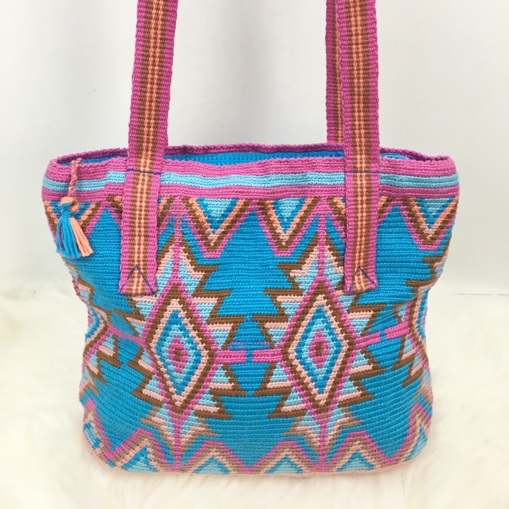 Woven Aztec Shoulder Bag Purse pink blue Handmade